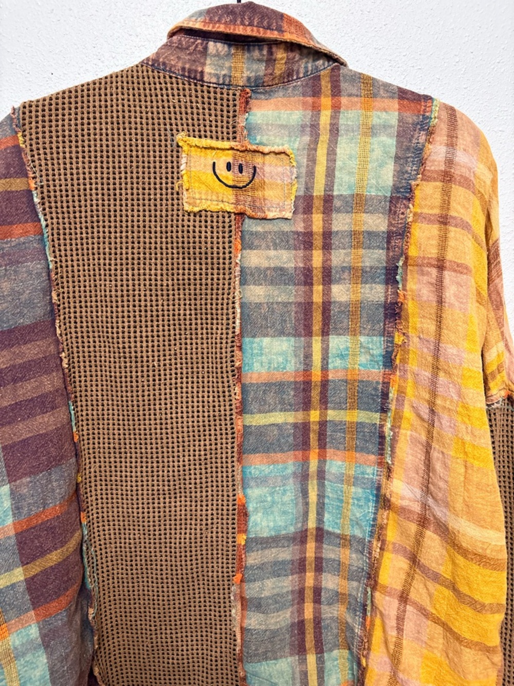 Oli & Hali Multicolor Patchwork Plaid Shacket with Smiley Patch